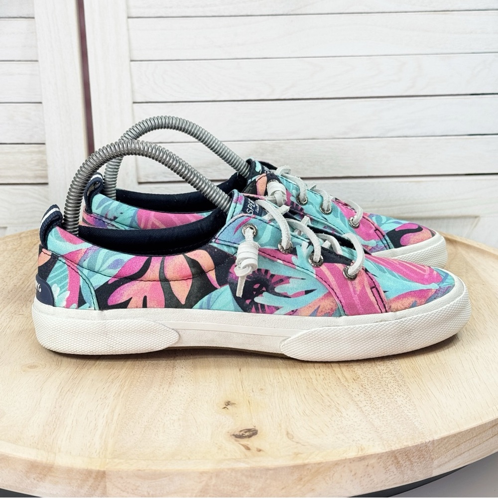 Sperry Pier Wave LTT Tropical Print Lace Up Sneakers Teal‎ Pink Womens 7